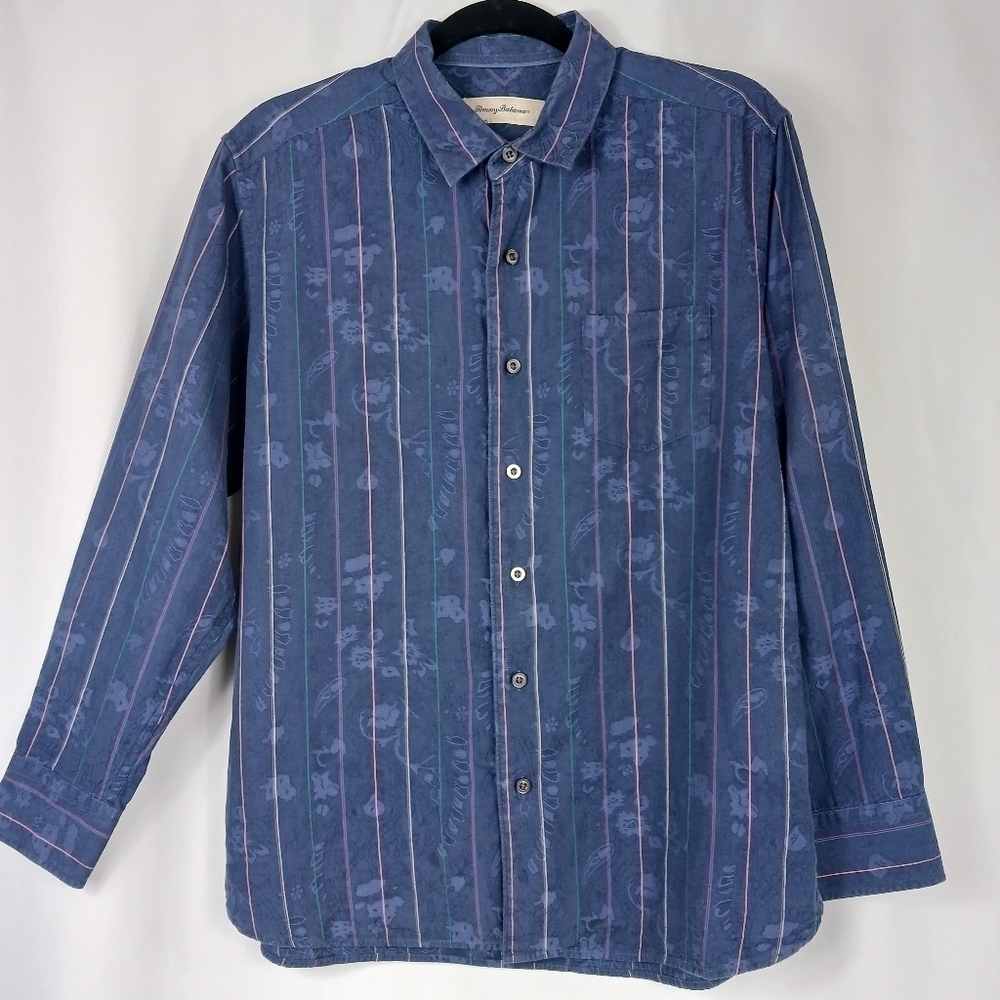 TOMMY BAHAMA Button Down Shirt Men's Size M Blue Striped Floral Long Sleeve silk